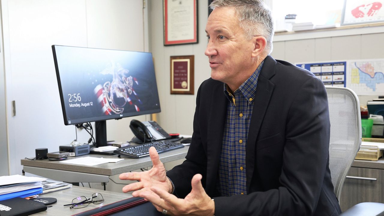 Rob Miller, superintendent of Bixby Public Schools, speaks about the Bible mandate in Oklahoma schools on Monday, Aug. 12, 2024, at the administration offices in Bixby, Okla. (AP Photo/Joey Johnson)