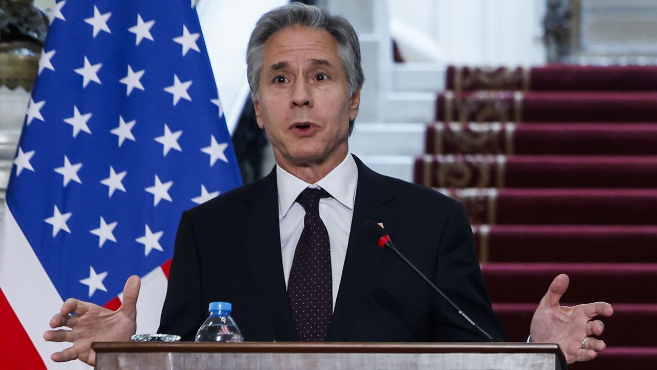 U.S. Secretary of State Antony Blinken attends a joint press conference with Egypt's Foreign Minister Badr Abdelatty in Tahrir Palace in Cairo, Egypt Wednesday, Sept. 18, 2024. (Evelyn Hockstein/Pool Photo via AP)