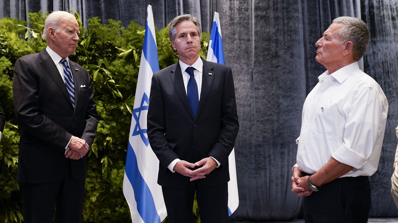 President Joe Biden and U.S. Secretary of State Antony Blinken, meet with victims' relatives and first responders who were directly affected by the Hamas attacks, Wednesday, Oct. 18, 2023, in Tel Aviv. (AP Photo/Evan Vucci)