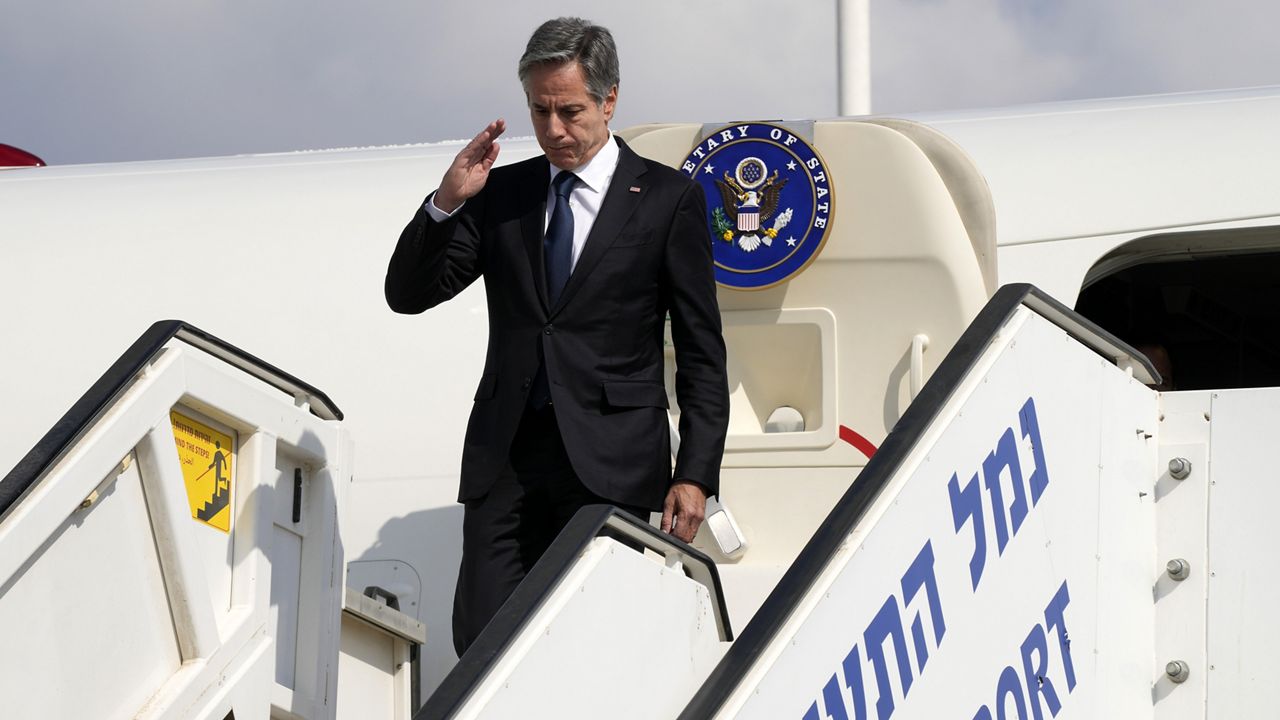 Secretary of State Antony Blinken arrives at Ben Gurion Airport in Tel Aviv, Israel, Thursday Oct. 12, 2023. (AP Photo/Jacquelyn Martin, Pool)