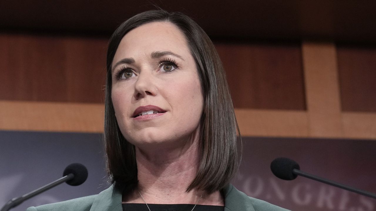 Sen. Katie Britt, R-Ala.,, speaks during a news conference on the border, Feb. 15, 2023, on Capitol Hill in Washington. (AP Photo/Mariam Zuhaib)