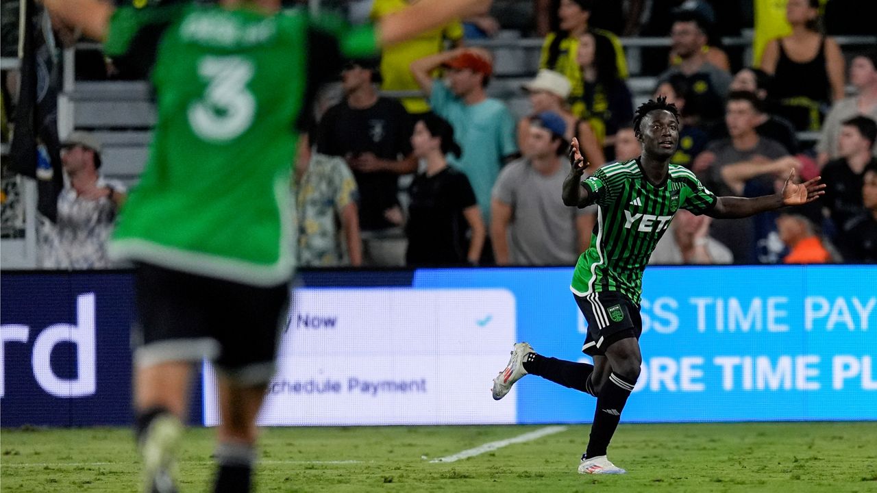 Austin FC midfielder Osman Bukari celebrates a goal during the second half of an MLS soccer match against Nashville SC, Saturday, Aug. 24, 2024, in Nashville, Tenn. (AP Photo/George Walker IV)