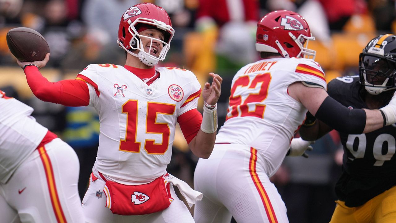 Kansas City Chiefs quarterback Patrick Mahomes (15) passes against the Pittsburgh Steelers during the first half of an NFL football game, Wednesday, Dec. 25, 2024, in Pittsburgh. (AP Photo/Gene J. Puskar)