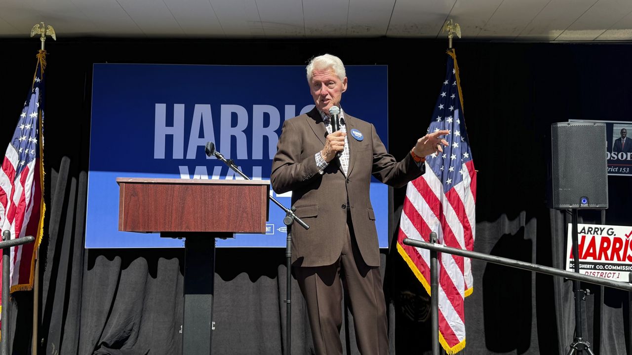 Former President Bill Clinton speaks at a canvassing launch for Vice President Kamala Harris' campaign in Albany, Ga. on Sunday, Oct. 13, 2024. (AP Photo/Charlotte Kramon)