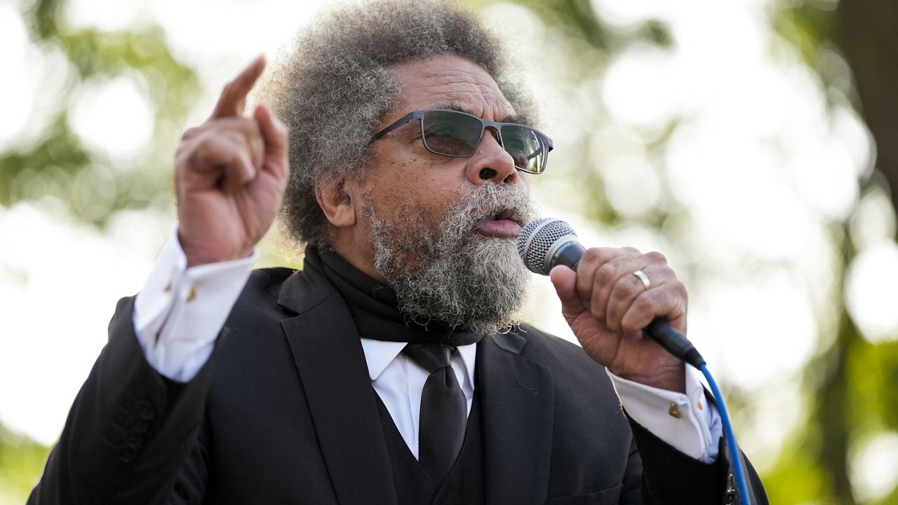 Progressive activist Cornel West speaks at a demonstration in Union Park outside the Democratic National Convention, Aug. 21, 2024, in Chicago. (AP Photo/Alex Brandon)