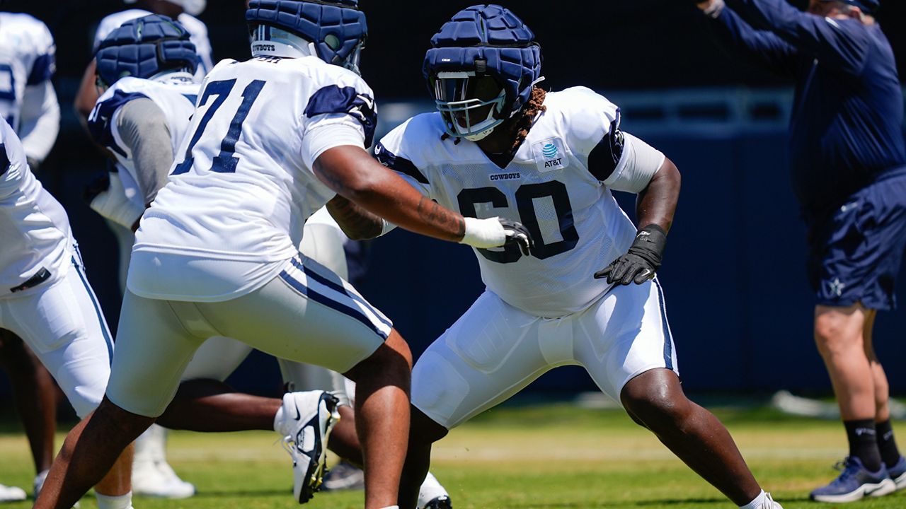 Dallas Cowboys offensive tackle Tyler Guyton, right, and guard Chuma Edoga run drills during NFL football training camp, Tuesday, July 30, 2024, in Oxnard, Calif. (AP Photo/Ryan Sun)