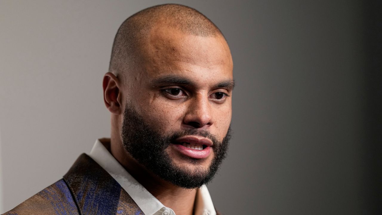 Dallas Cowboys quarterback Dak Prescott speaks to reporters following an NFL football game against the Philadelphia Eagles, Sunday, Dec. 10, 2023, in Arlington, Texas. (AP Photo/Sam Hodde, File)