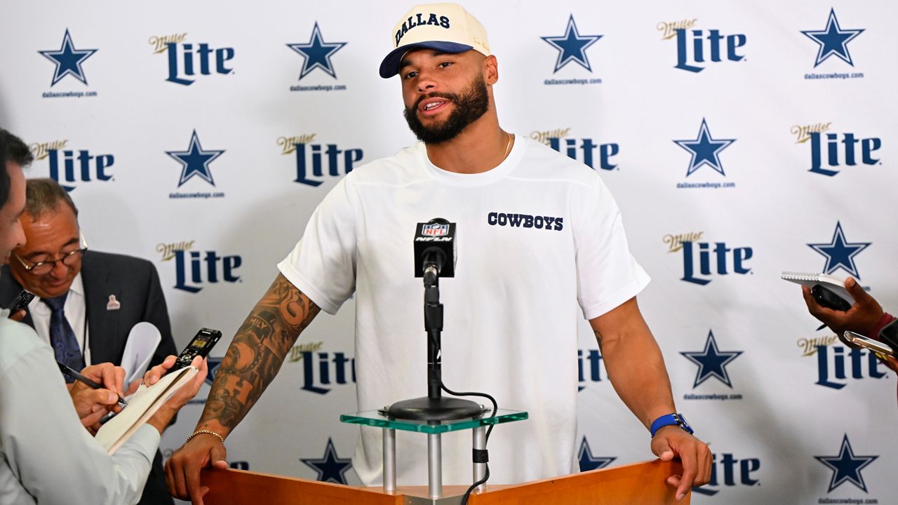 Dallas Cowboys' Dak Prescott responds to questions during a news conference after the team's NFL football game against the Cleveland Browns in Cleveland, Sunday, Sept. 8, 2024. (AP Photo/David Richard)