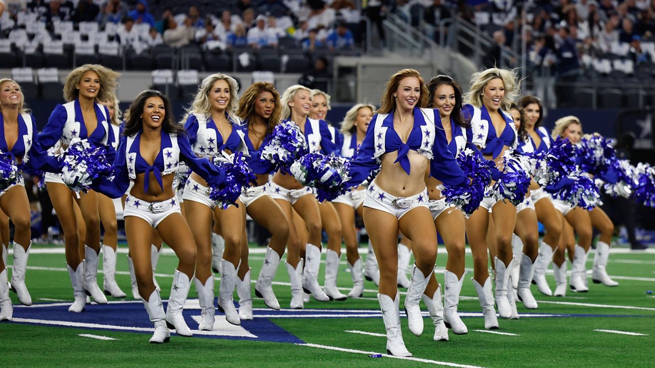 Dallas Cowboys cheerleaders perform during a pregame performance before an NFL football game against the Detroit Lions, Saturday, Dec. 30, 2023, in Arlington, Texas. (AP Photo/Matt Patterson)