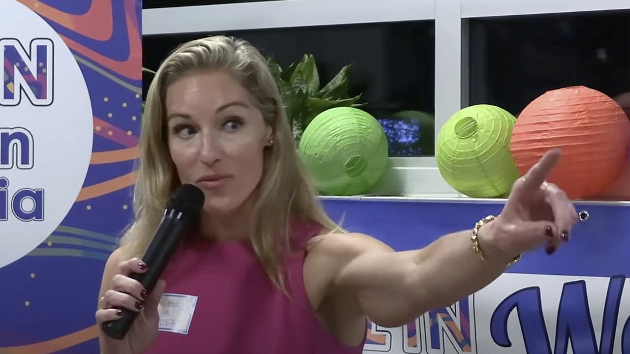 In this image taken from a video, Virginia legislative candidate Susanna Gibson addresses the Women's Summit in Virginia Beach, Va., in September of 2022. (Neil Smith via AP)