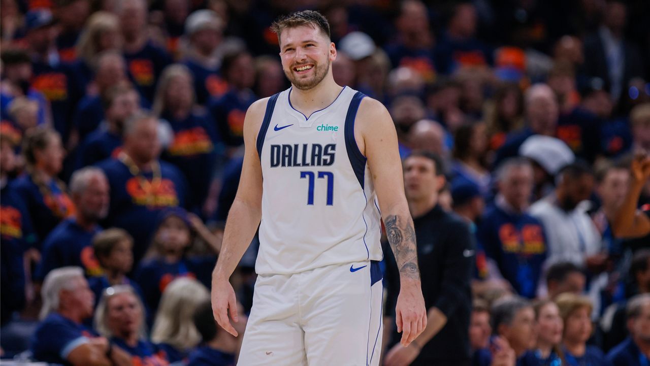 Dallas Mavericks guard Luka Doncic reacts during the second half of Game 5 of an NBA basketball second-round playoff series against the Oklahoma City Thunder, Wednesday, May 15, 2024, in Oklahoma City. The Mavericks won 104-92. (AP Photo/Nate Billings)