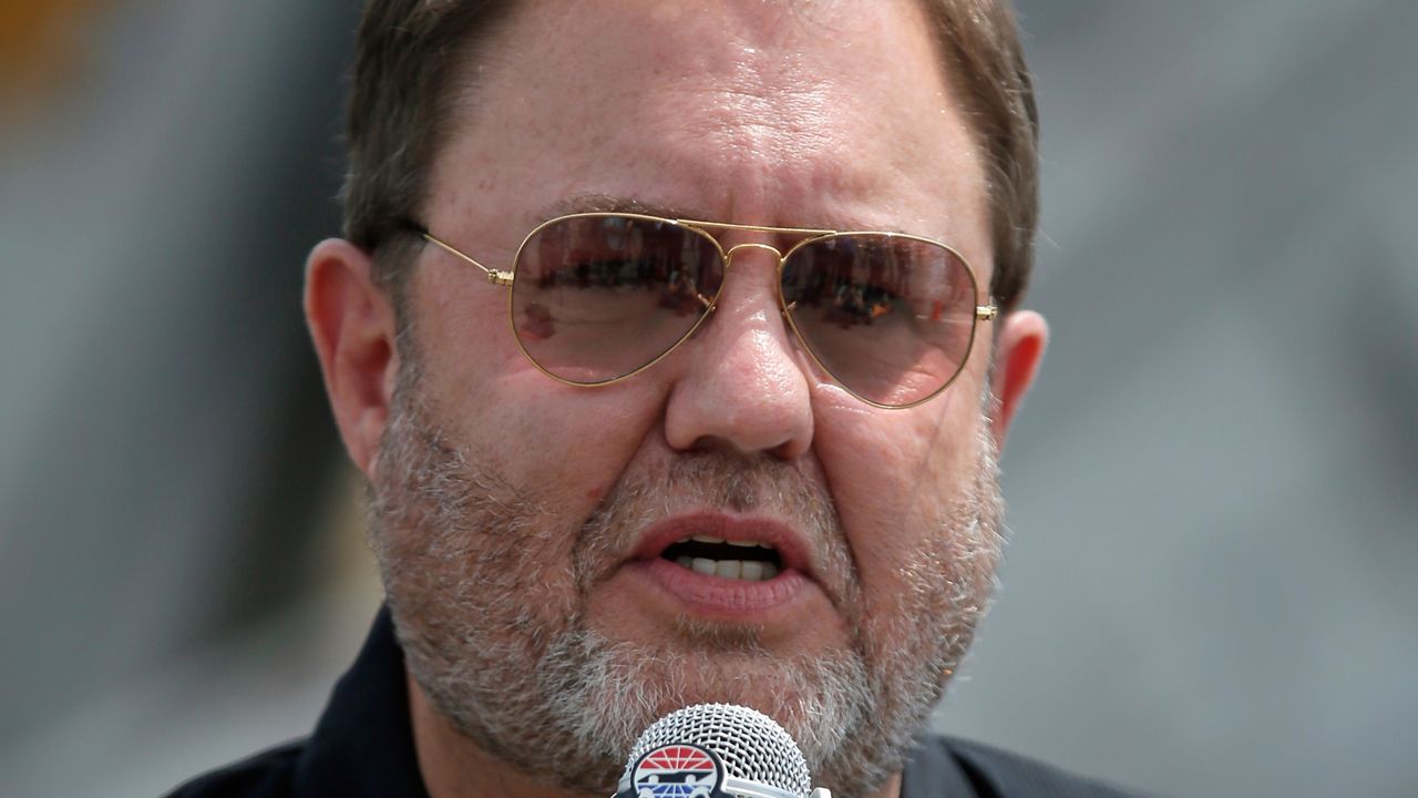 Eddie Gossage, president and general manager of Texas Motor Speedway, speaks to reporters June 9, 2016, in Dallas. Gossage, an old-school promoter mentored by stock car racing pioneers, has died at the age of 65, Speedway Motorsports announced Thursday night, May 16, 2024. (AP Photo/Tony Gutierrez, File)