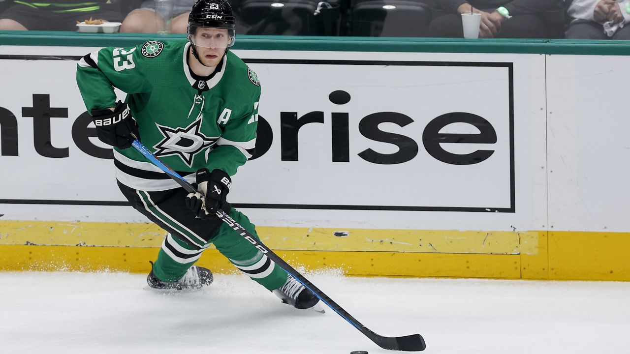 Dallas Stars defenseman Esa Lindell skates with the puck against the Vegas Golden Knights during the third period in Game 7 of an NHL hockey Stanley Cup first-round playoff series, May 5, 2024, in Dallas. (AP Photo/Brandon Wade, File)