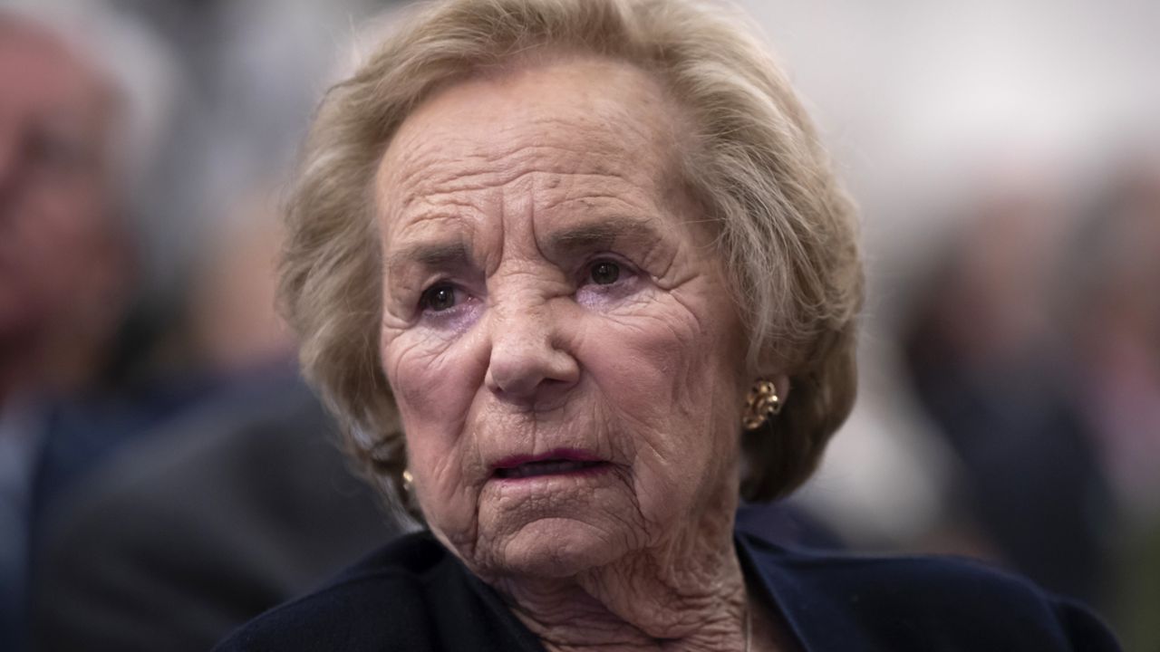 Ethel Kennedy, widow of Senator Robert F. Kennedy, watches a video about her late husband during the Robert F. Kennedy Human Rights awards ceremony on Capitol Hill in Washington, Tuesday, June 5, 2018. (AP Photo/J. Scott Applewhite)