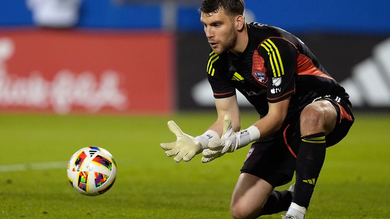 FC Dallas goalkeeper Maarten Paes defends the goal during the second half of an MLS soccer match against Austin FC, Saturday, May 11, 2024, in Frisco, Texas. (AP Photo/LM Otero)