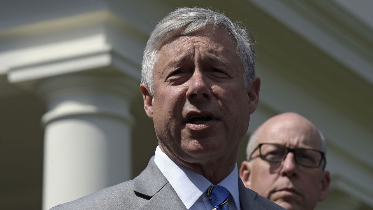 In this May 3, 2017, photo, Rep. Fred Upton, R-Mich., left, speaks to reporters outside the White House in Washington, following a meeting with President Donald Trump on health care reform. Rep. Greg Walden, R-Ore. is at right. (AP Photo/Susan Walsh)