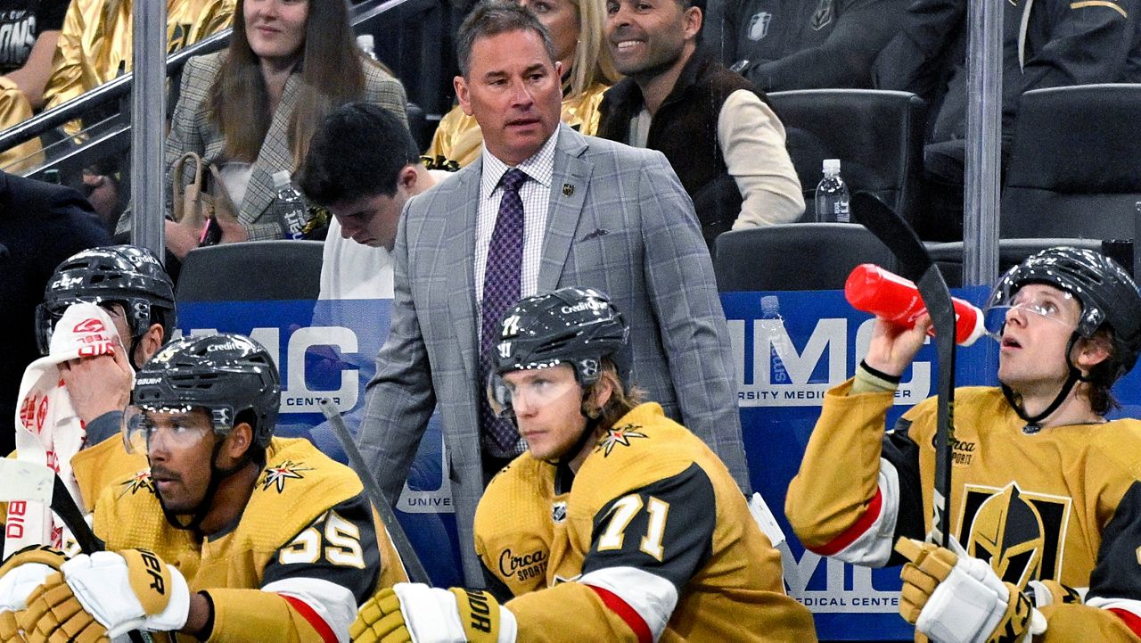 Vegas Golden Knights coach Bruce Cassidy watches during the third period of the team's NHL hockey game against the Anaheim Ducks on Thursday, April 18, 2024, in Las Vegas. (AP Photo/David Becker)