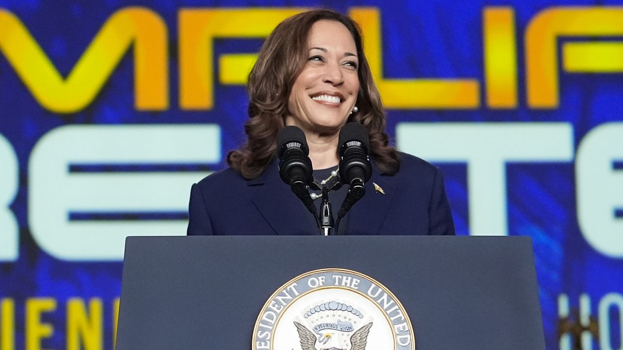 Vice President Kamala Harris delivers remarks at a Sigma Gamma Rho Sorority gathering in Houston, Wednesday, July 31, 2024, in Houston. (AP Photo/Mat Otero, File)