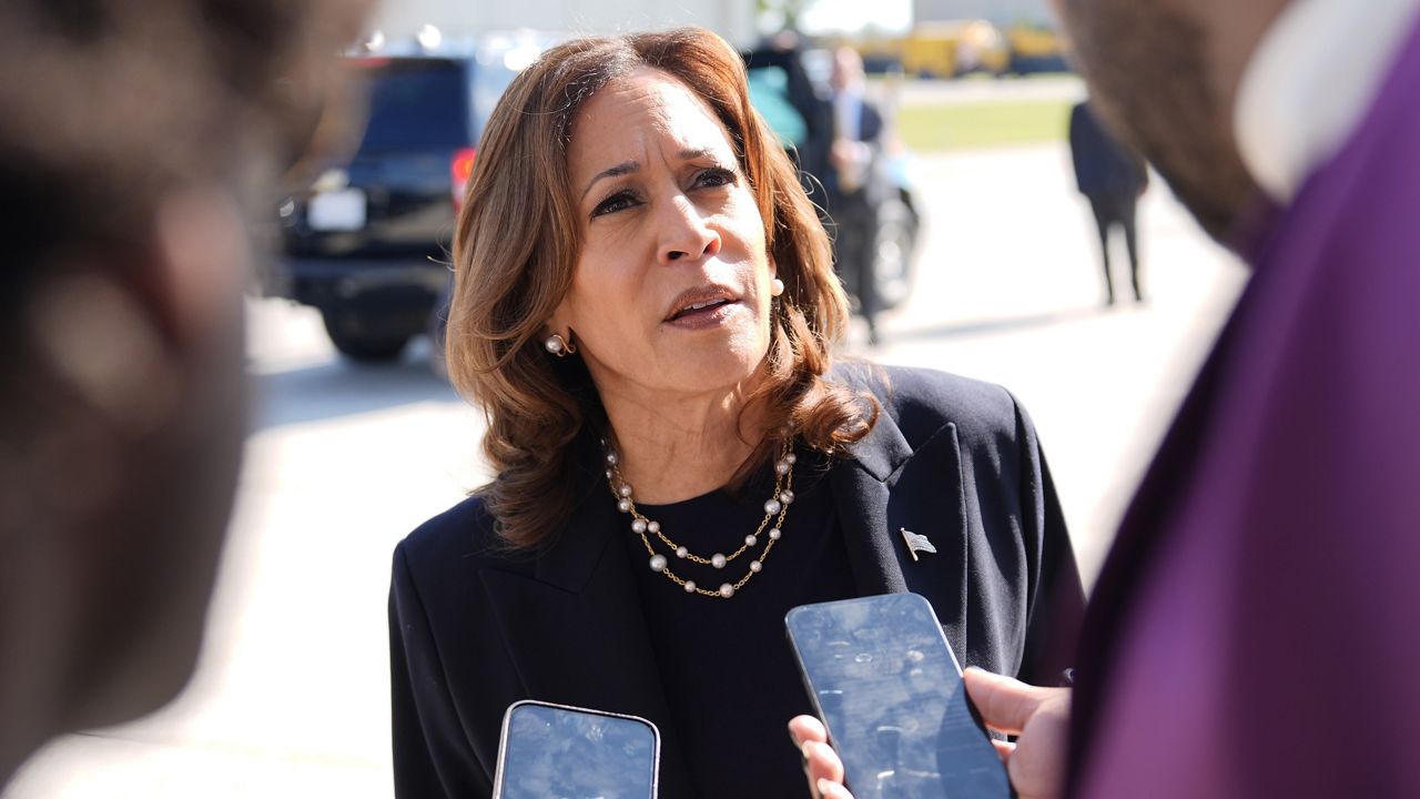 Democratic presidential nominee Vice President Kamala Harris talks to the media before boarding Air Force Two at Detroit Metropolitan Wayne County Airport, Thursday, Aug. 8, 2024, in Romulus, Mich. (AP Photo/Julia Nikhinson, File)