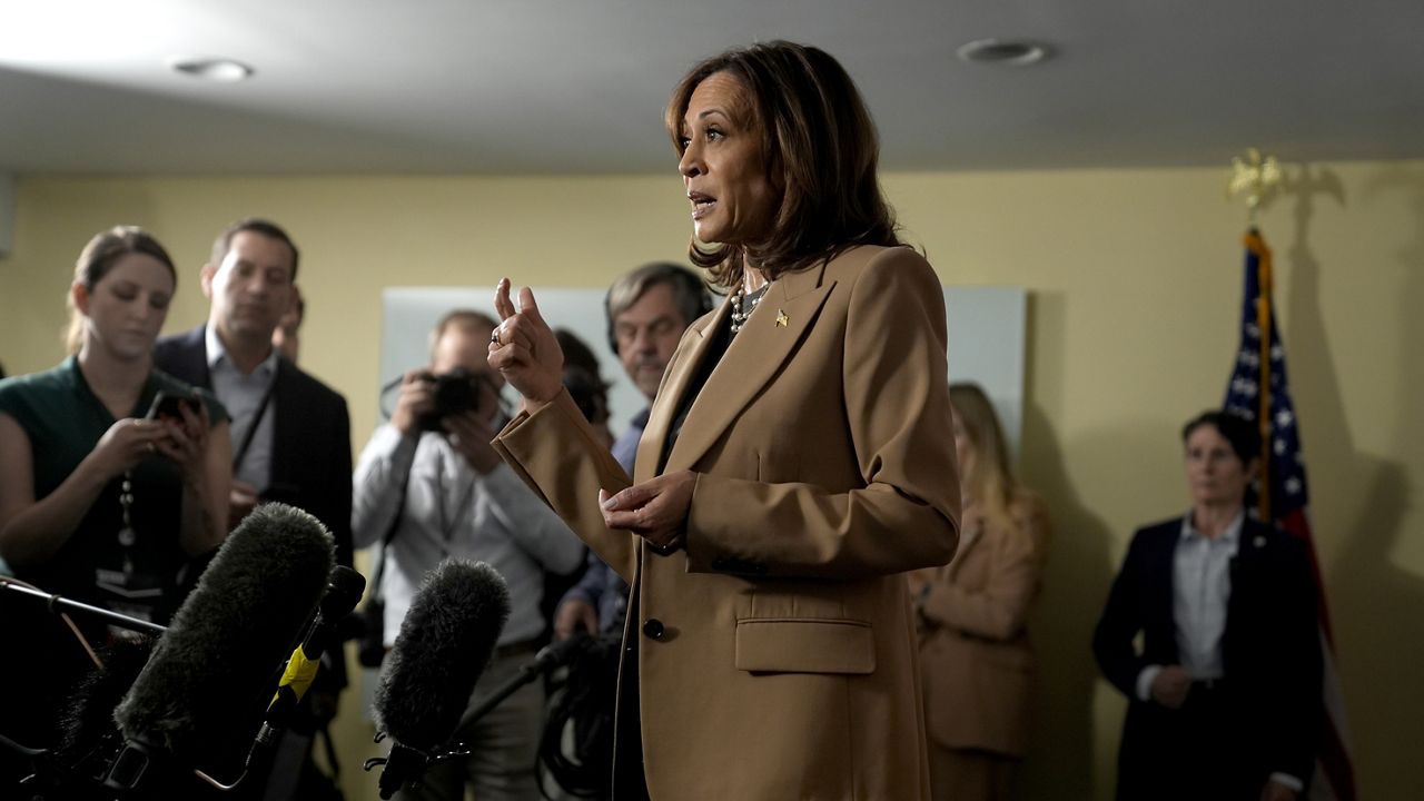 Democratic presidential nominee Vice President Kamala Harris speaks to reporters in Philadelphia, Thursday, Oct. 24, 2024. (AP Photo/Matt Rourke)