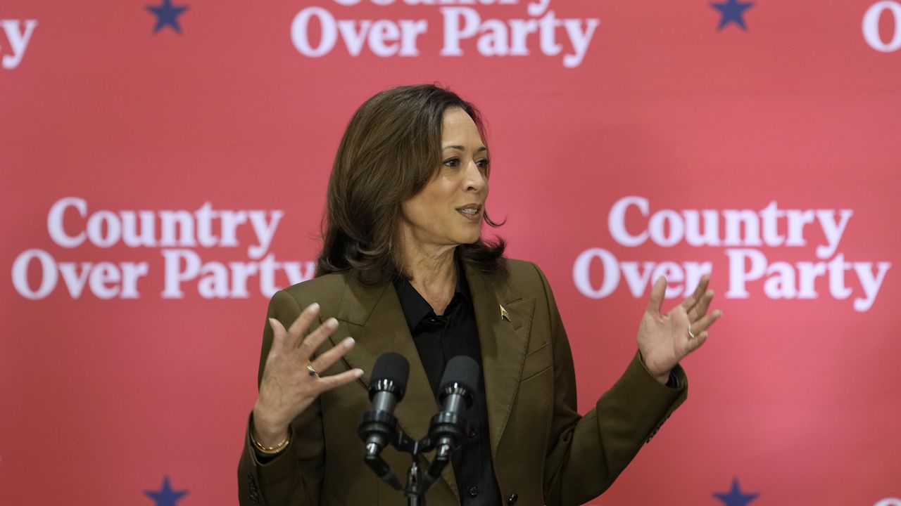 Democratic presidential nominee Vice President Kamala Harris speaks at a campaign event Friday, Oct. 11, 2024, at the Grayhawk Golf Club in Scottsdale, Ariz. (AP Photo/Ross D. Franklin)