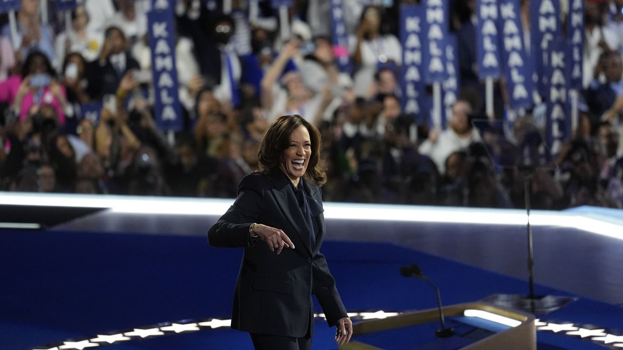 Demoratic presidential nominee Vice President Kamala Harris speaks during the Democratic National Convention Thursday, Aug. 22, 2024, in Chicago. (AP Photo/Matt Rourke)