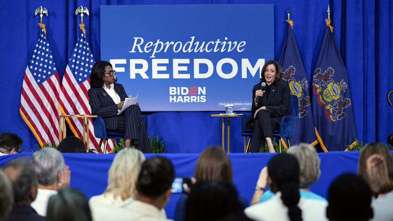 Vice President Kamala Harris, right, and Sheryl Lee Ralph take part in a discussion during a campaign event in Elkins Park, Pa., Wednesday, May 8, 2024. (AP Photo/Matt Rourke)