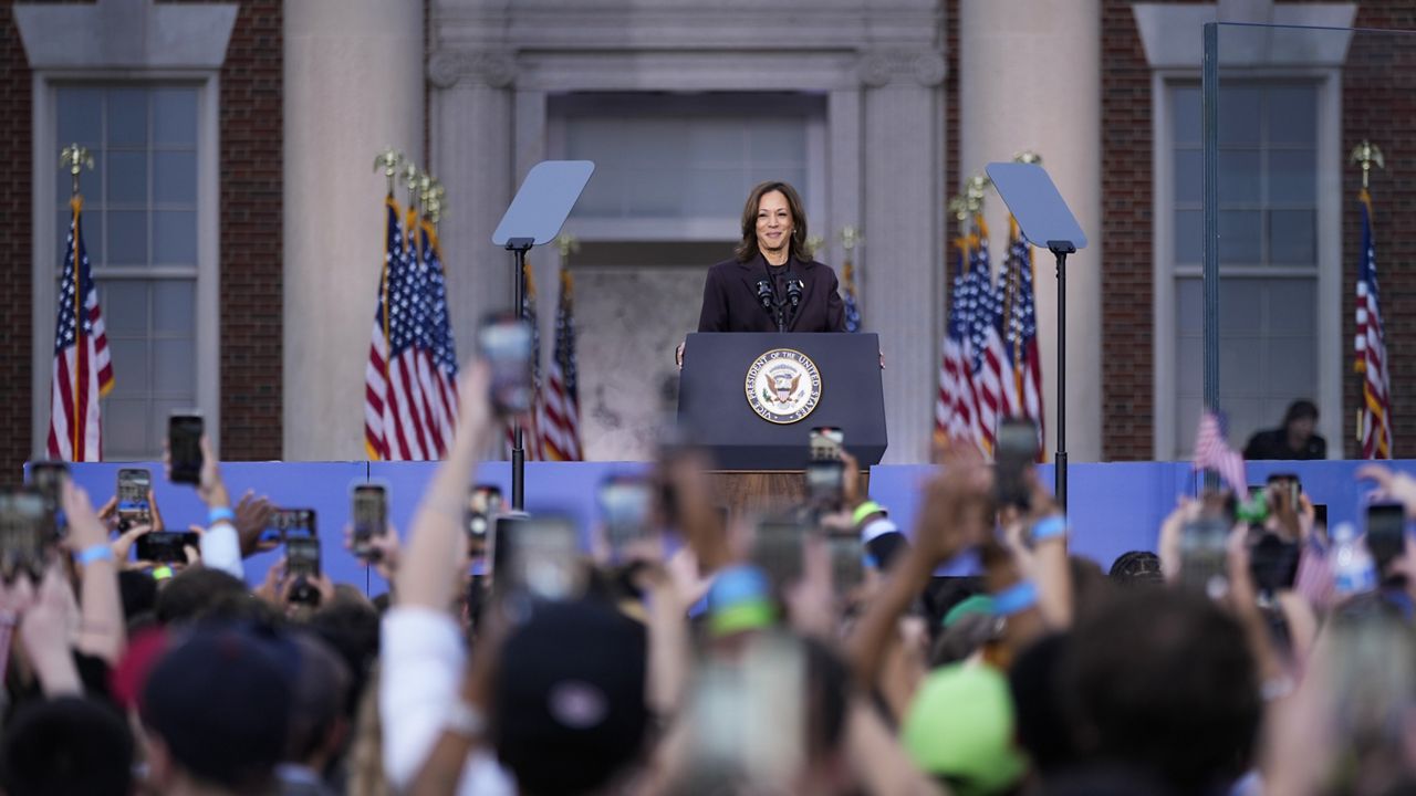 Vice President Kamala Harris delivers a concession speech for the 2024 presidential election on the campus of Howard University in Washington, Wednesday, Nov. 6, 2024. (AP Photo/Ben Curtis)