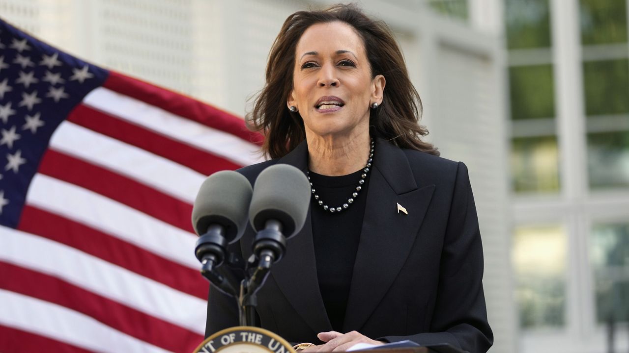 Democratic presidential nominee Vice President Kamala Harris speaks before planting a memorial tree on the grounds of the Vice President's residence in Washington on Monday, Oct. 7, 2024, to honor the victims and mark one year since the Oct. 7, 2023, Hamas attack on Israel. (AP Photo/Ben Curtis)