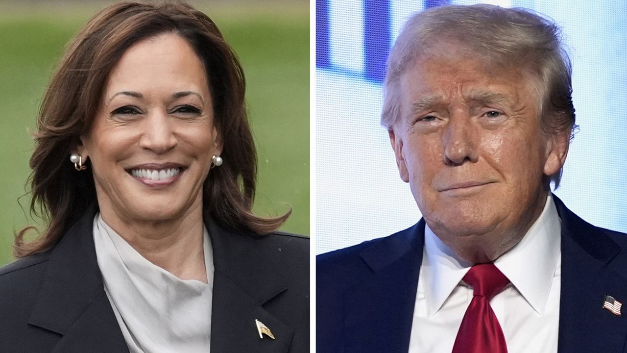 This combination photo shows Vice President Kamala Harris, left, at the White House in Washington, July 22, 2024, and Republican presidential candidate former President Donald Trump at an event July 26, 2024, in West Palm Beach, Fla. (AP Photo)