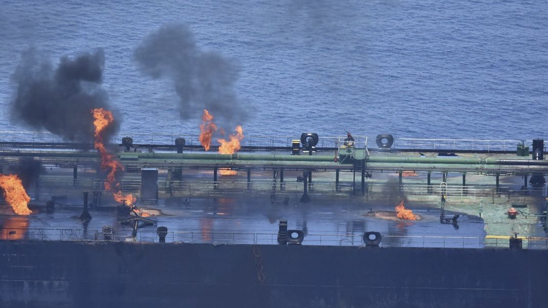 This photo released by the European Union's Operation Aspides shows fires burning aboard the oil tanker Sounion in the Red Sea on Sunday, Aug. 25, 2024. (European Union's Operation Aspides via AP)