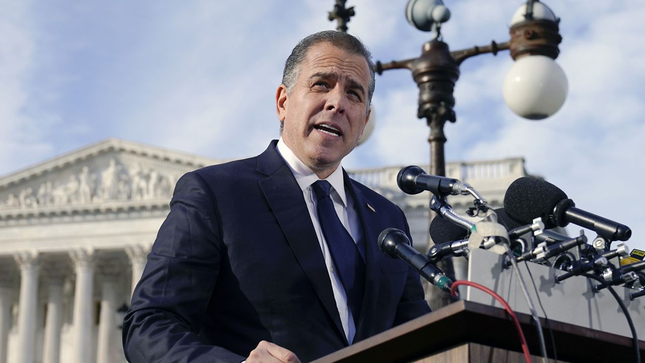 Hunter Biden, son of President Joe Biden, speaks during a news conference outside the U.S. Capitol, Wednesday, Dec. 13, 2023, in Washington. (AP Photo/Mariam Zuhaib)