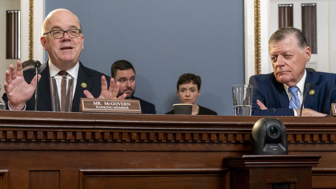 House Rules Committee Ranking Member Jim McGovern, D-Mass., left, and Chairman Tom Cole, R-Okla., attend a markup hearing, part of the existing House of Representatives inquiry into whether sufficient grounds exist to impeach President Joe Biden, Tuesday, Dec. 12, 2023, in Washington. (AP Photo/Jacquelyn Martin)