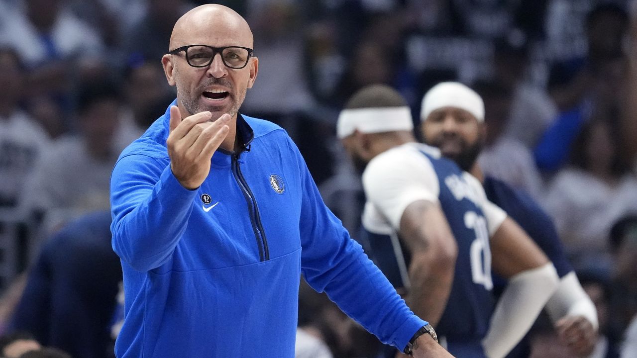 Dallas Mavericks head coach Jason Kidd gestures to his team during the first half in Game 5 of an NBA basketball first-round playoff series against the Los Angeles Clippers Wednesday, May 1, 2024, in Los Angeles. (AP Photo/Mark J. Terrill)