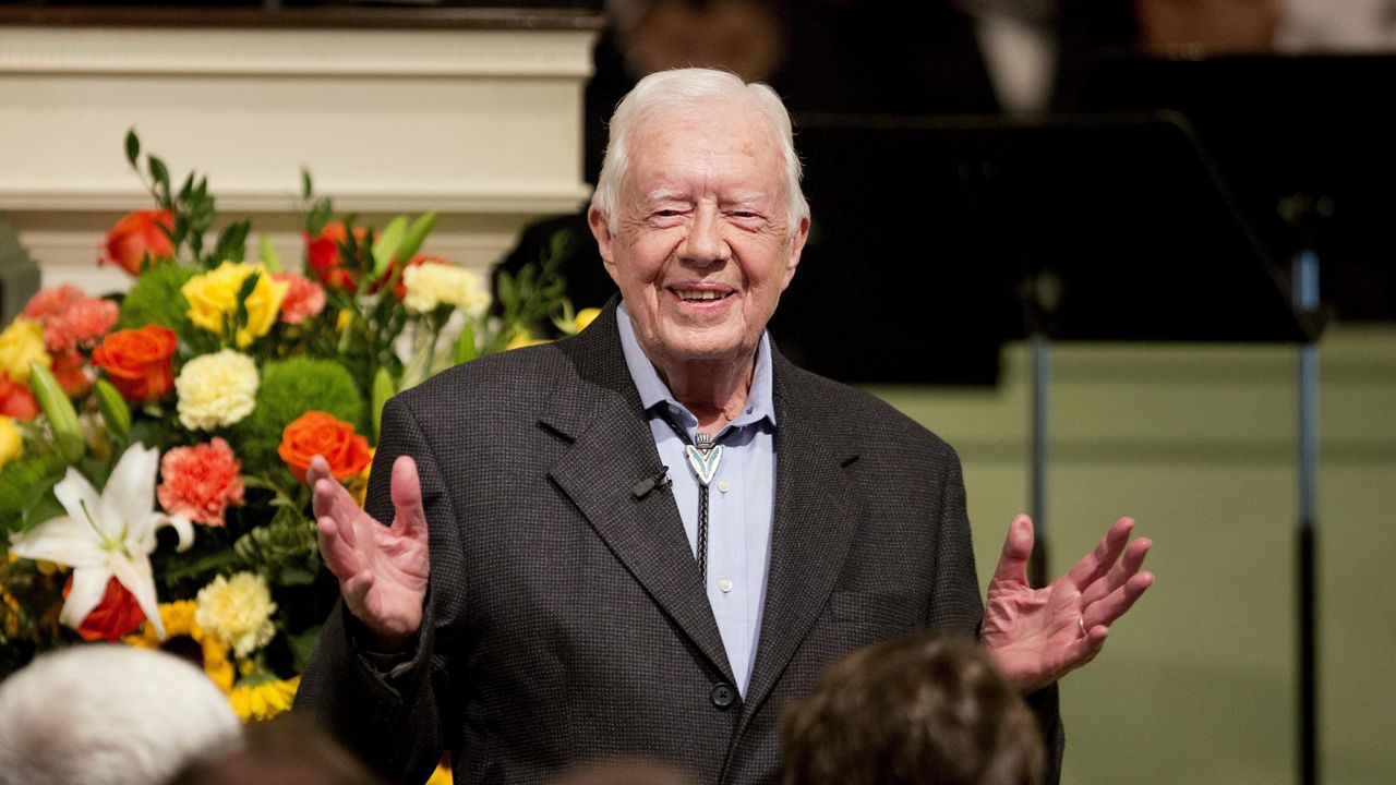 Former President Jimmy Carter teaches Sunday School class at the Maranatha Baptist Church in his hometown of Plains, Ga., Aug. 23, 2015. (AP Photo/David Goldman)