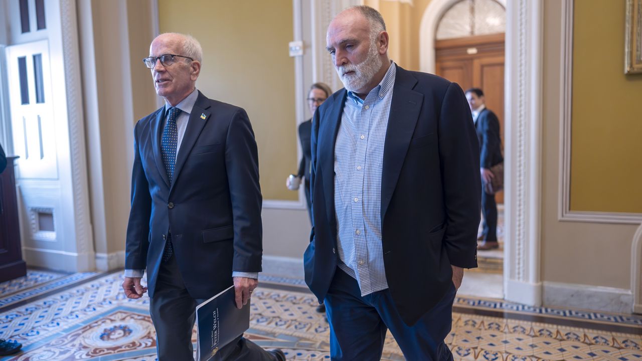 Sen. Peter Welch, D-Vt., left, walks with Chef Jose Andres, founder of the World Central Kitchen, at the Capitol in Washington, Thursday, March 14, 2024, after a briefing with senators on how to get food aid into Gaza, Haiti and Ukraine. (AP Photo/J. Scott Applewhite)