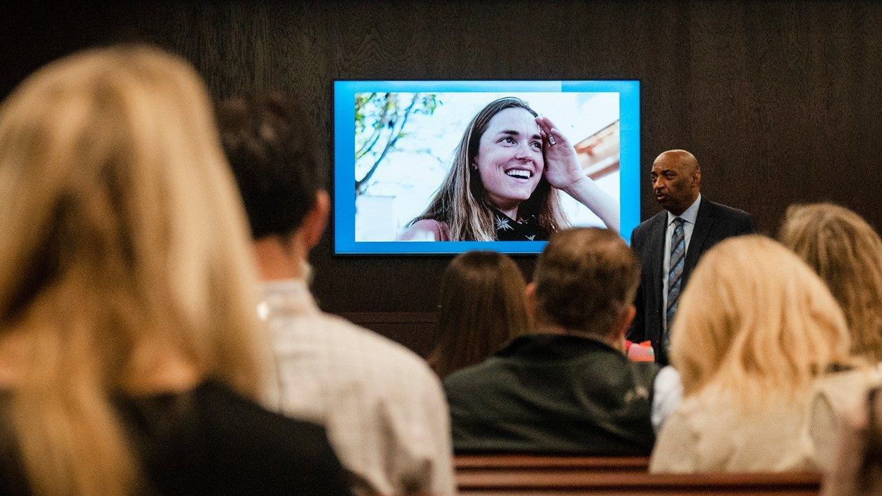 Anna Moriah Wilson's photo is displayed on the screen as state attorney Rickey Jones addresses the jury during the sentencing portion of Kaitlin Armstrong's murder trial, Nov. 17, 2023, at the Blackwell-Thurman Criminal Justice Center in Austin, Texas. (Mikala Compton/Austin American-Statesman via AP, Pool)