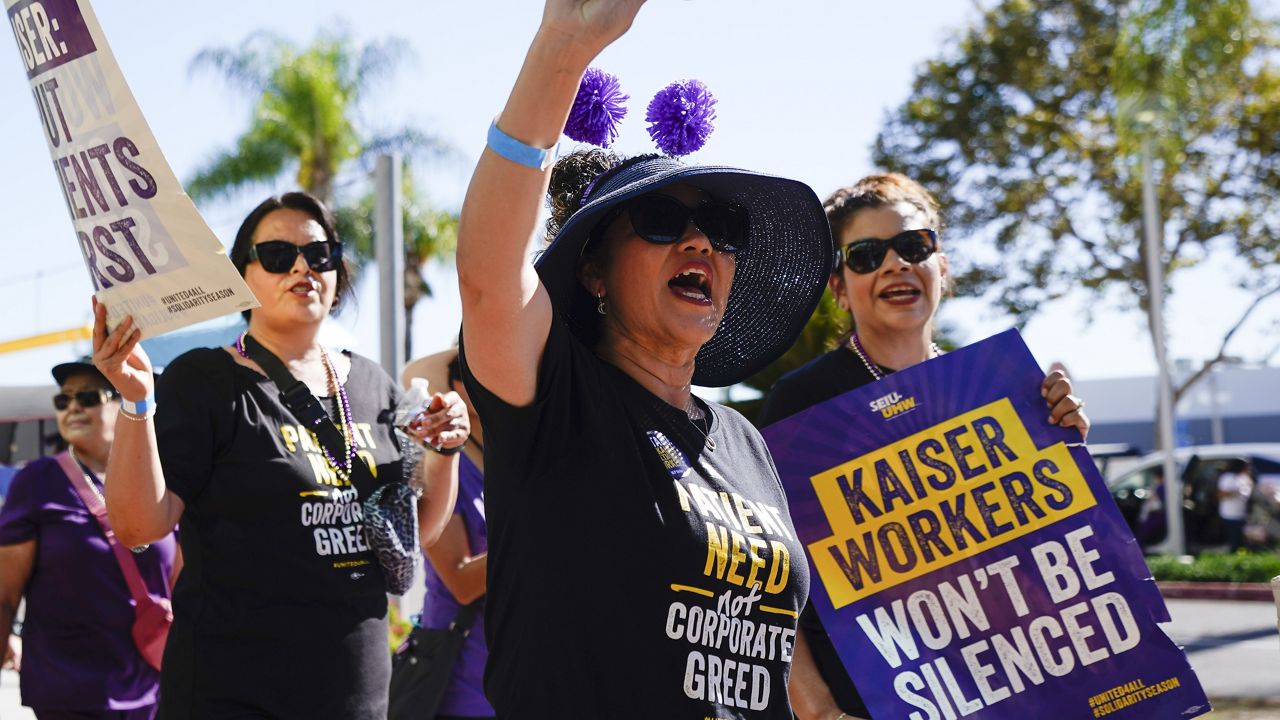 Kaiser Permanente workers picket Thursday, Oct. 5, 2023, in Baldwin Park, Calif. (AP Photo/Ryan Sun)