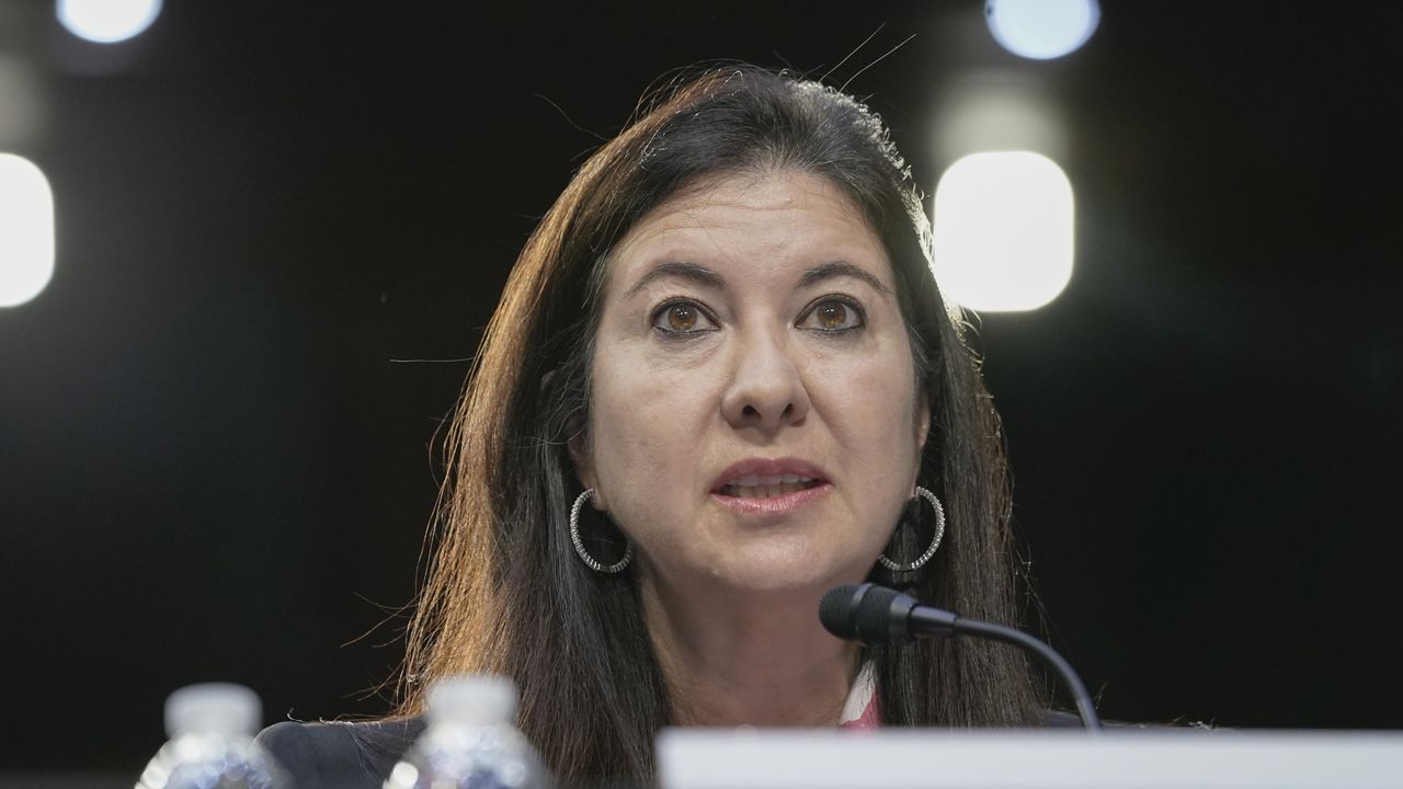 Adriana Kugler of Maryland, speaks during the Senate Banking, Housing, and Urban Affairs Committee hearing to examine her nomination to be a member of the Board of Governors of the Federal Reserve System, June 21, 2023, on Capitol Hill in Washington. (AP Photo/Mariam Zuhaib)