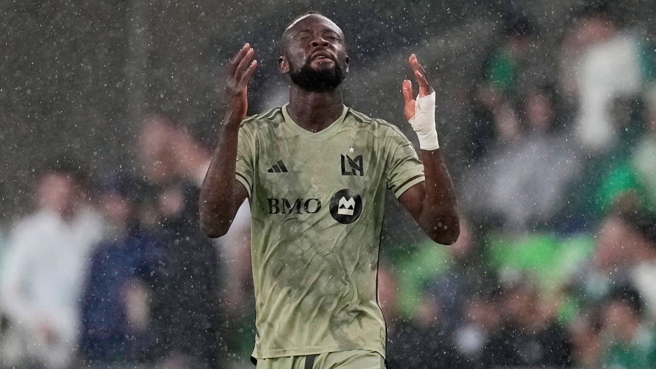 Los Angeles FC forward Kei Kamara celebrates his goal against Austin FC during the second half of an MLS soccer match in Austin, Texas, Wednesday, June 19, 2024. (AP Photo/Eric Gay)