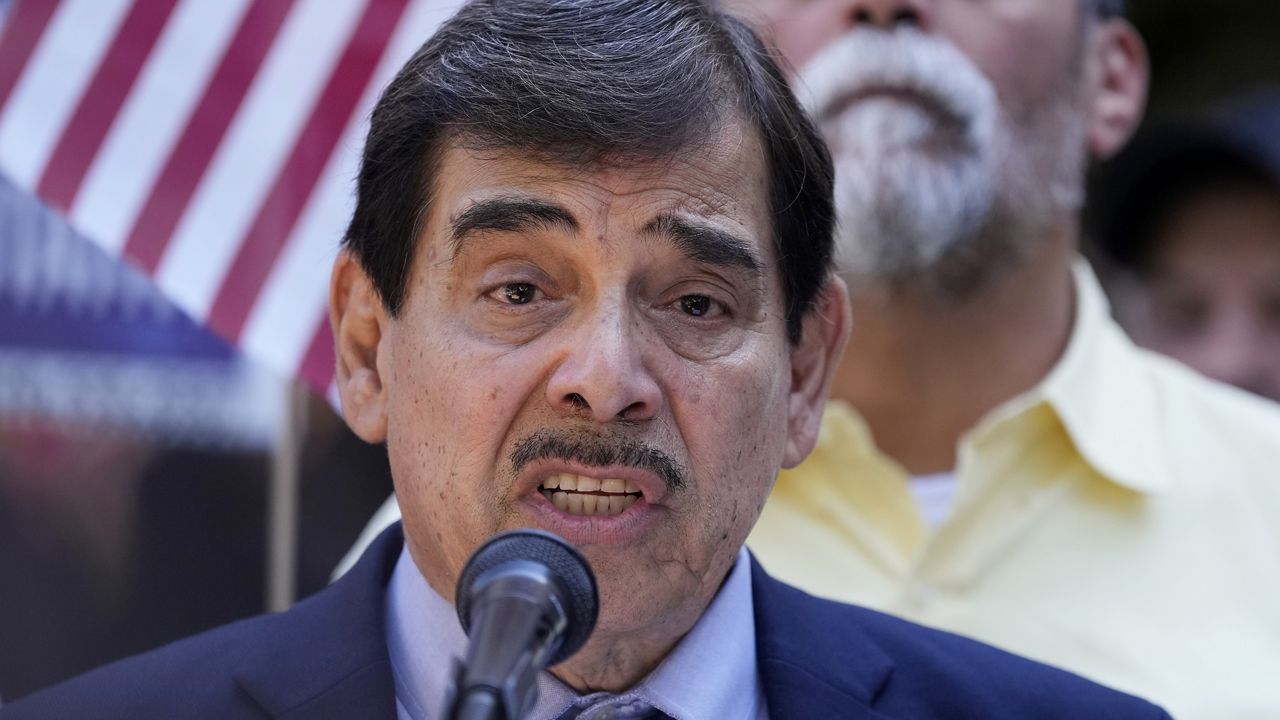 LULAC National President Roman Palomares speaks at a news conference where he and other officials with LULAC held a news conference to respond to allegations by Texas Attorney General Ken Paxton, Monday, Aug. 26, 2024, in San Antonio. (AP Photo/Eric Gay)