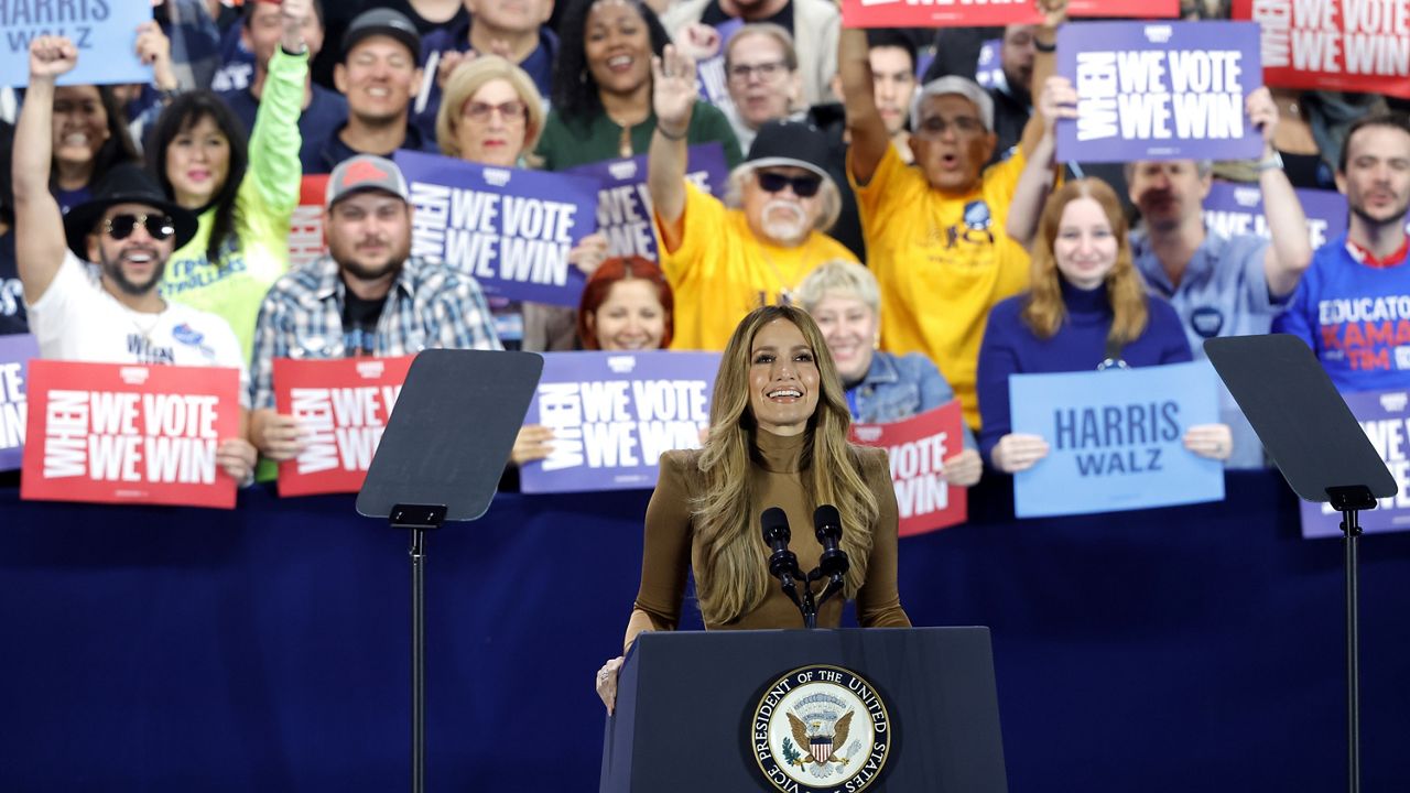 Jennifer Lopez speaks during a campaign rally for Democratic presidential nominee Vice President Kamala Harris, Thursday, Oct. 31, 2024, in North Las Vegas. (AP Photo/Steve Marcus)