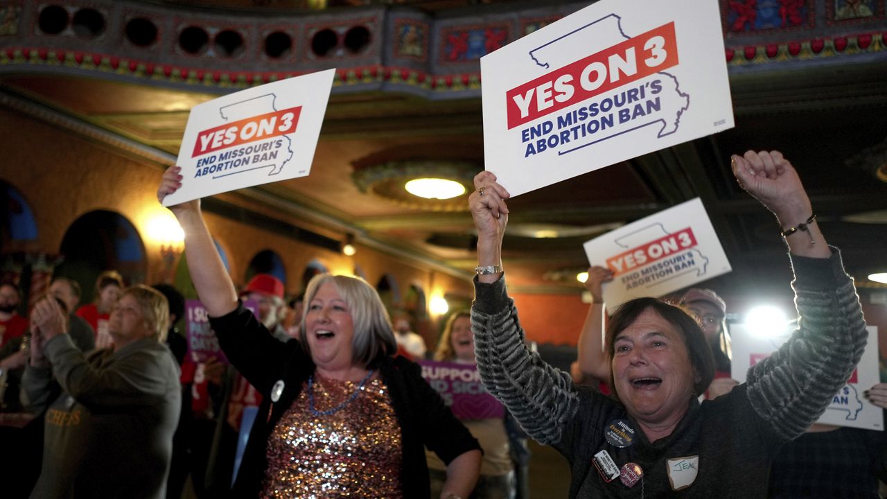 People at a election night watch party react after an abortion rights amendment to the Missouri constitution passed Tuesday, Nov. 5, 2024, in Kansas City, Mo. (AP Photo/Charlie Riedel)