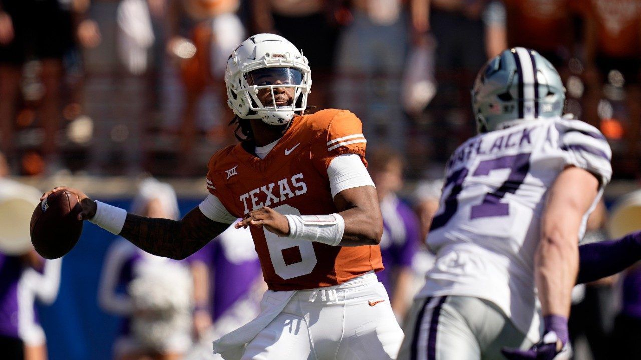 Former Texas quarterback Maalik Murphy (6) throws under pressure during the second half of an NCAA college football game against Kansas State in Austin, Texas, Saturday, Nov. 4, 2023. Murphy will make his first start with Duke in 2024 after transfering from the Longhorns. (AP Photo/Eric Gay)