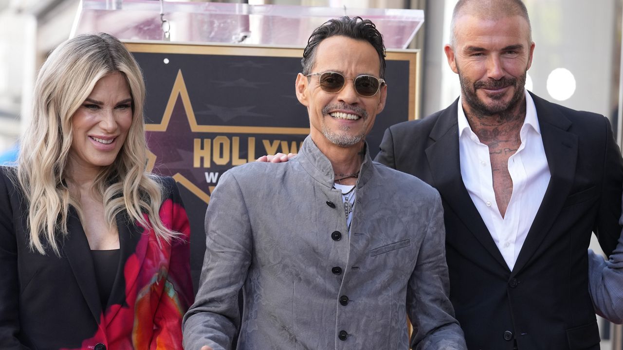 Ellen K, from left, Marc Anthony, and David Beckham attend a ceremony honoring Anthony with a star on the Hollywood Walk of Fame Thursday, Sept. 7, 2023, in Los Angeles. (AP Photo/Chris Pizzello)