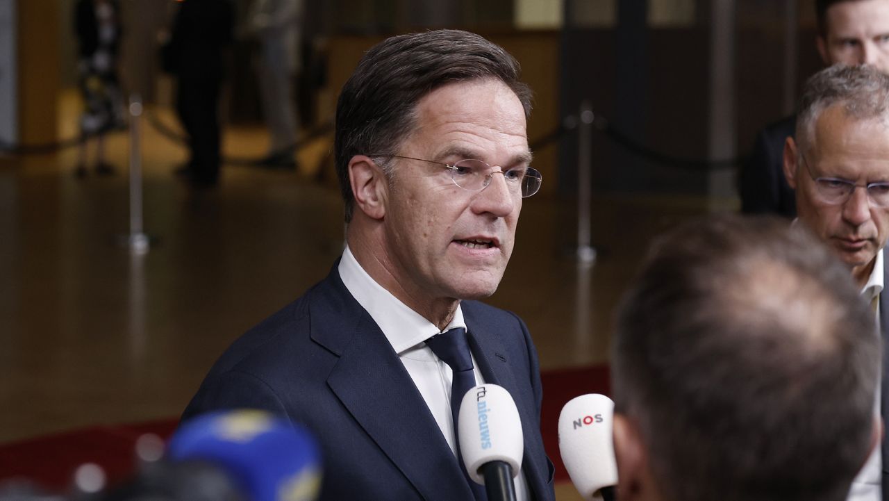Netherland's Prime Minister Mark Rutte addresses the media at the end of an EU summit in Brussels, early Tuesday, June 18, 2024. (AP Photo/Omar Havana)