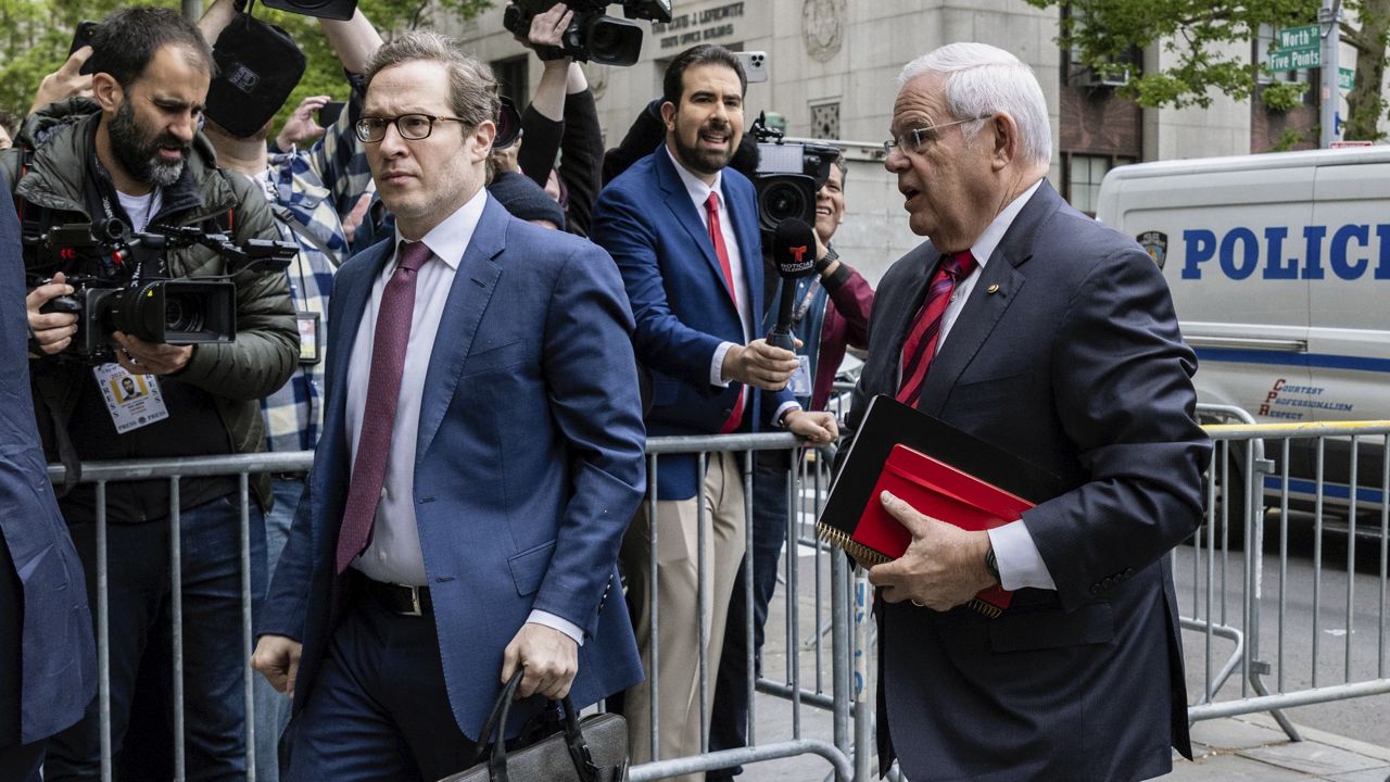 Sen. Bob Menendez, D-N.J., arrives for the first day of his trial at Manhattan federal court, Monday, Monday, May 13, 2024, in New York. (AP Photo/Stefan Jeremiah)