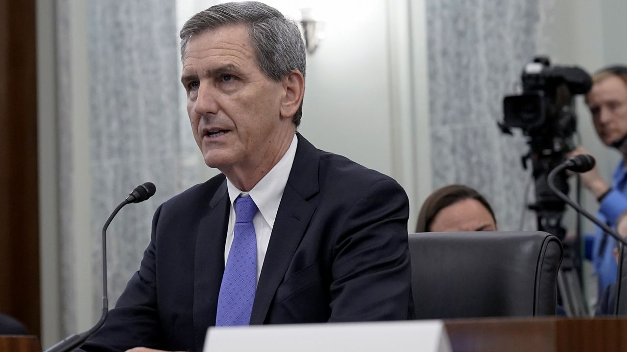 Michael Whitaker, of Vermont, testifies during his nomination to be administrator of the Federal Aviation Administration, Department of Transportation, Oct. 4, 2023, on Capitol Hill in Washington. (AP Photo/Mariam Zuhaib)