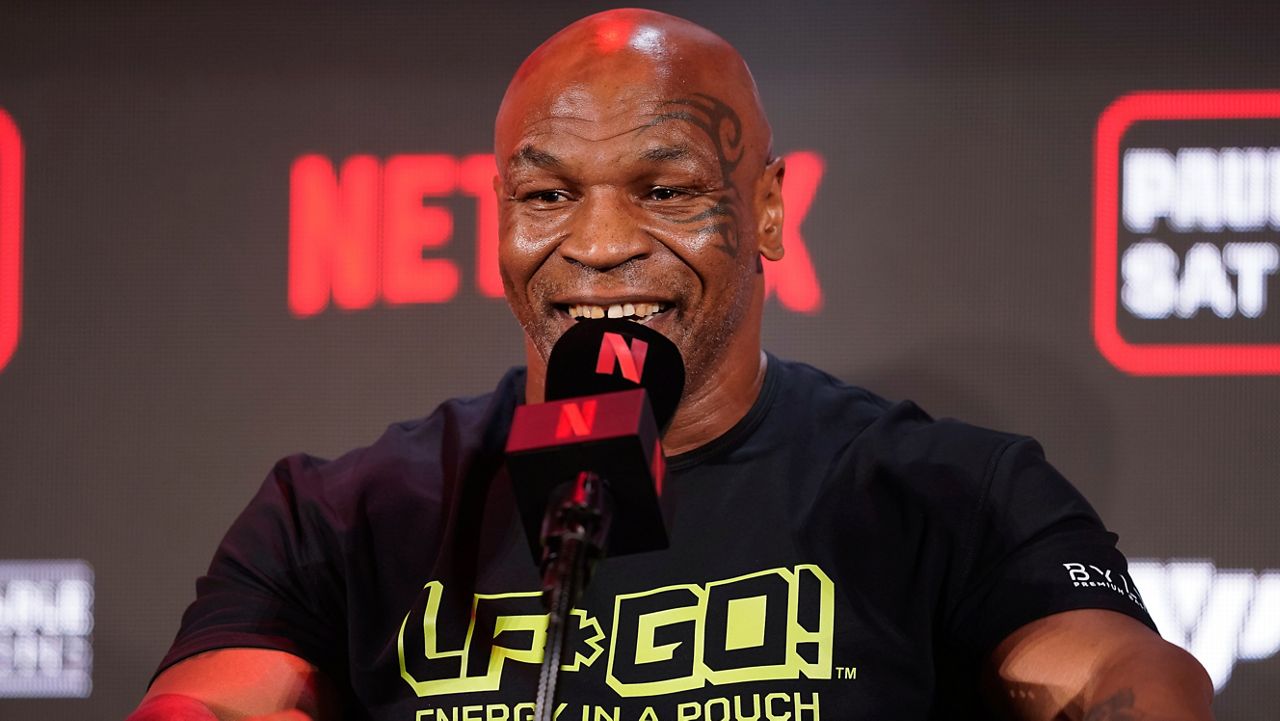 Mike Tyson speaks during a news conference about his upcoming boxing bout against Jake Paul, Thursday, May 16, 2024, in Arlington, Texas. The fight is scheduled for July 20. (AP Photo/Sam Hodde)