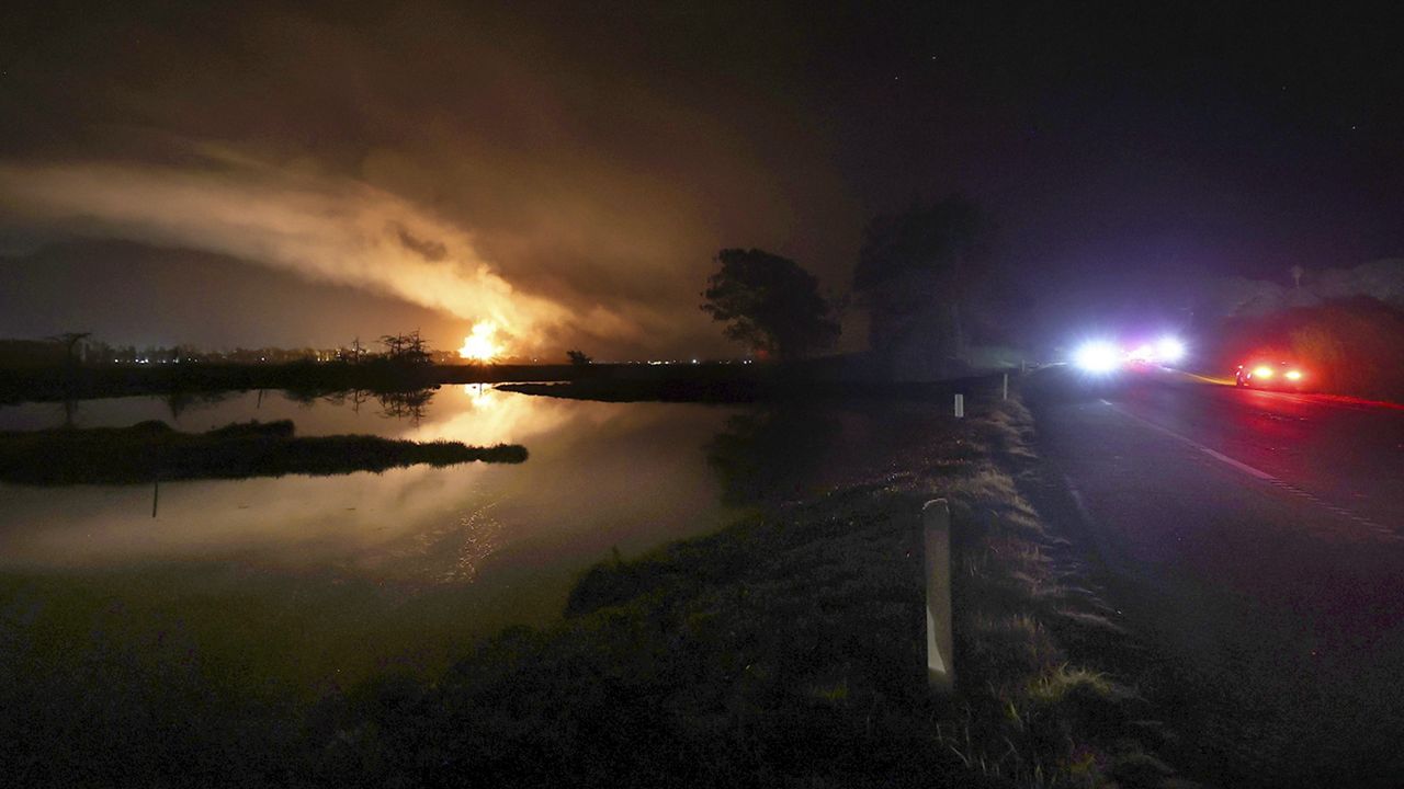 Flames and smoke from a fire fill the sky at the Moss Landing Power Plant Thursday Jan. 16, 2025 in Moss Landing, Calif. (Shmuel Thaler /The Santa Cruz Sentinel via AP)